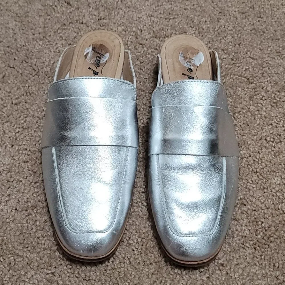 Free People At Ease Metallic Silver Loafers Size EU 36